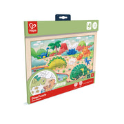 Puzzle din lemn 2 in 1 - Dinozauri (26 piese), cu fata dubla si activitate colorare