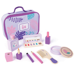 Jucarie din lemn - Set trusa de machiaj, valiza mov (9 piese)