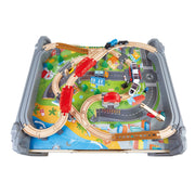 Jucarie din lemn - Masa cu trenuri (70 piese)