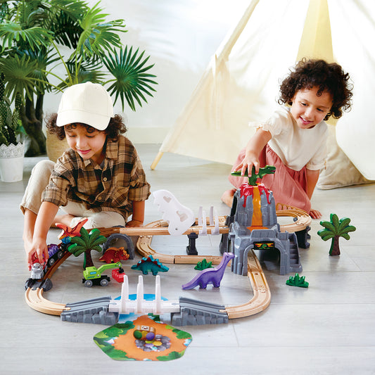 Jucarie din lemn - Tren de jucarie aventurÄƒ Dino (61 piese)