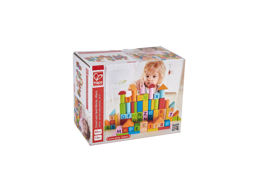 Cuburi din lemn de construit cu litere si cifre (80 piese in cutie)