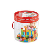 Cuburi din lemn de construit cu litere si cifre (80 piese in galeata)