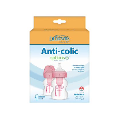 Pachet biberoane Anti-colici cu Gat Larg PP,150 ml. "Options Plus", ROZ (2 pack)