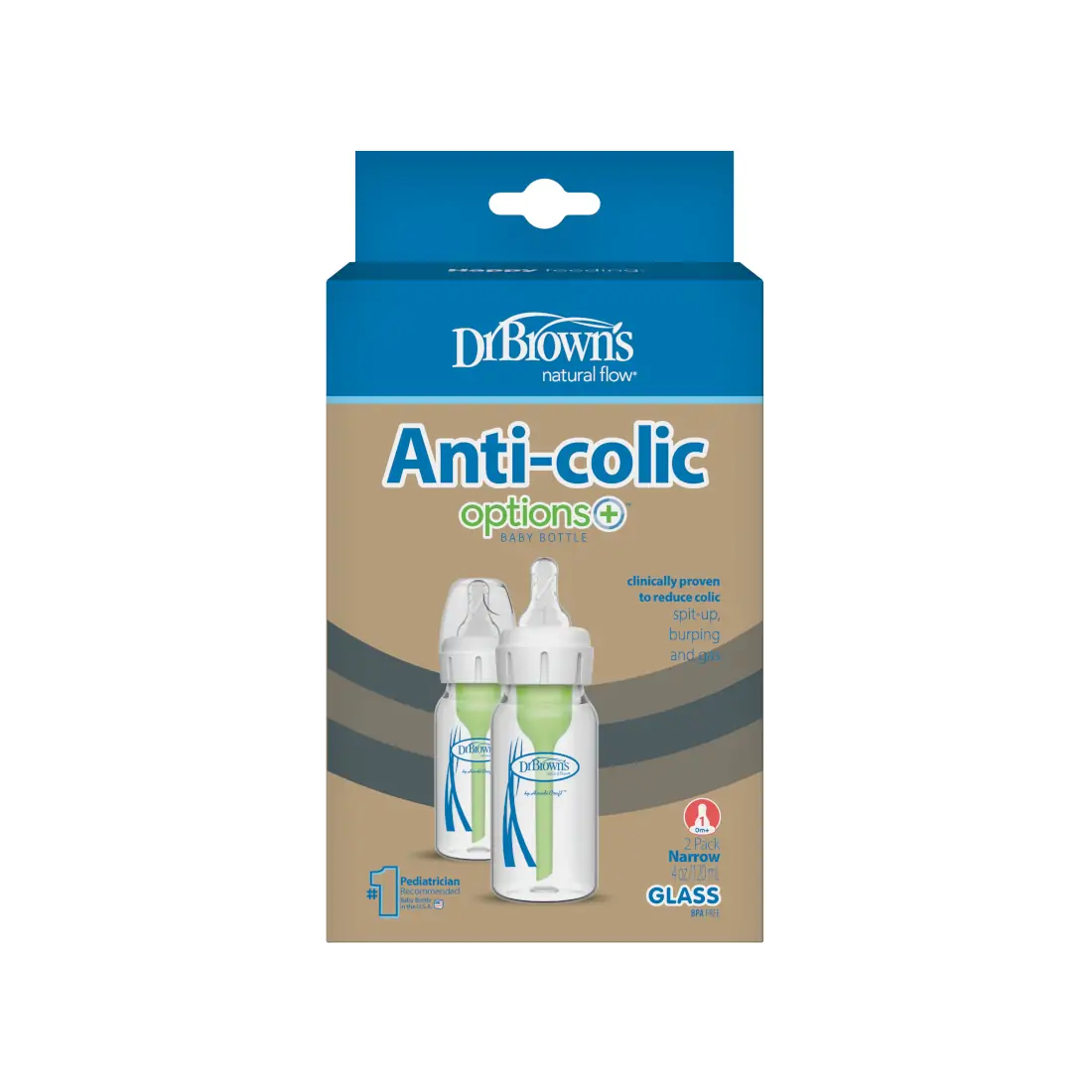 Pachet biberoane Anti-Colici din sticla cu Gat Ingust "Options Plus" 120 ml (2 Pack)
