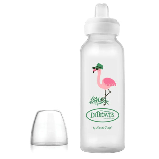 Biberon din plastic Gat Ingust, 250ml., cu cioc ptr. inghitituri mici, Design Flamingo (BPA Free)