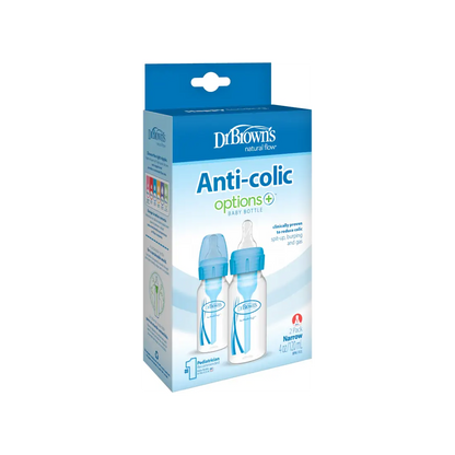 Pachet Biberoane din plastic, Anti-Colici cu Gat Ingust "Options Plus"  120 ml. (2 pack), Albastru