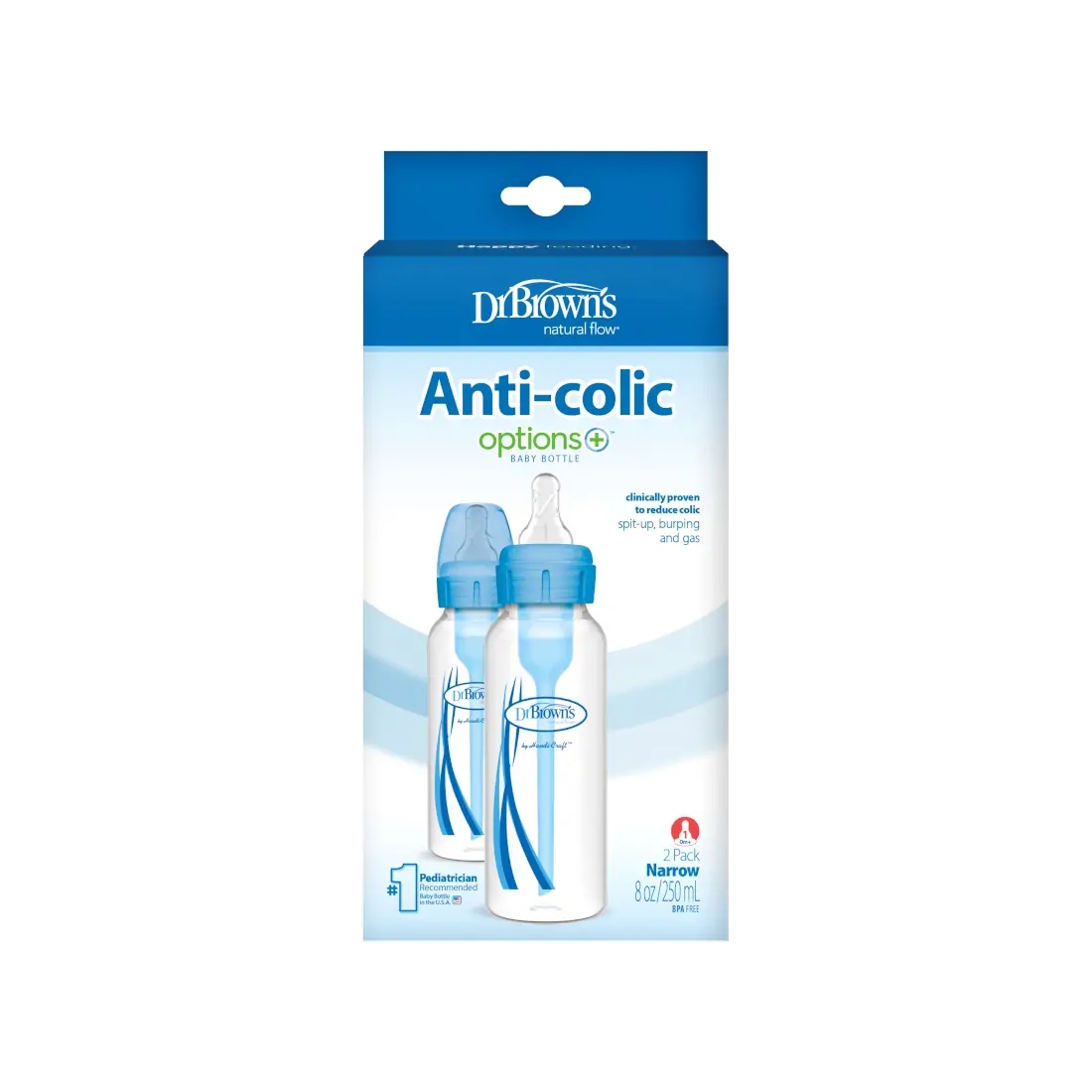 Pachet Biberoane din plastic, Anti-Colici cu Gat Ingust "Options Plus" de 250 ml. (2-Pack) Albastru