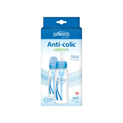 Pachet Biberoane din plastic, Anti-Colici cu Gat Ingust "Options Plus" de 250 ml. (2-Pack) Albastru