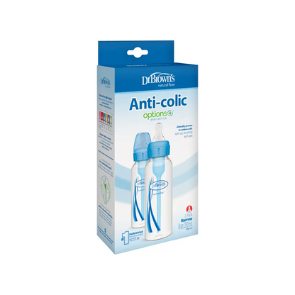 Pachet Biberoane din plastic, Anti-Colici cu Gat Ingust "Options Plus" de 250 ml. (2-Pack) Albastru