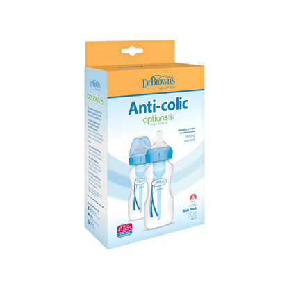 Pachet Biberoane din plastic, Anti-Colici Gat Larg "Options Plus" 270 ml. Albastru (2-Pack)