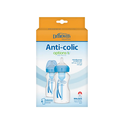 Pachet Biberoane din plastic, Anti-Colici Gat Larg "Options Plus" 270 ml. Albastru (2-Pack)