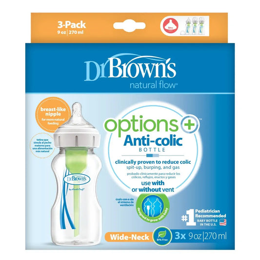 Pachet Biberoane Anti-Colici cu Gat Larg "Options Plus" Polipropilena, 270 ml. (3-Pack)