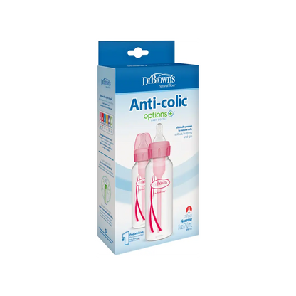 Pachet Biberoane din plastic, Anti-Colici cu Gat Ingust "Options Plus" de 250 ml. (2-Pack) Roz