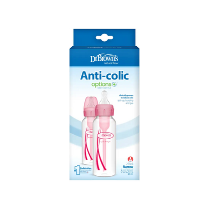 Pachet Biberoane din plastic, Anti-Colici cu Gat Ingust "Options Plus" de 250 ml. (2-Pack) Roz