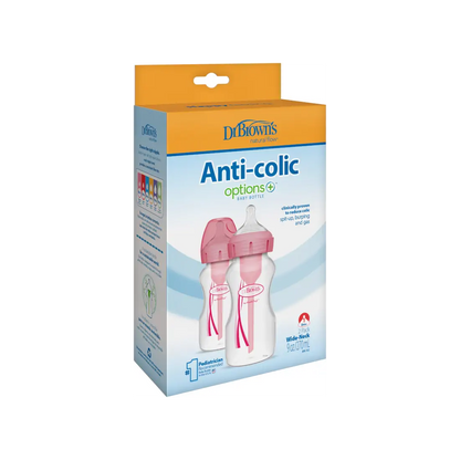 Pachet Biberoane din plastic, Anti-Colici Gat Larg "Options Plus"  270 ml. Roz (2-Pack)