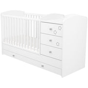 Patut copii transformabil din lemn cu 4 sertare Hubners Matei Kombi 120x60 cm alb cu stelute