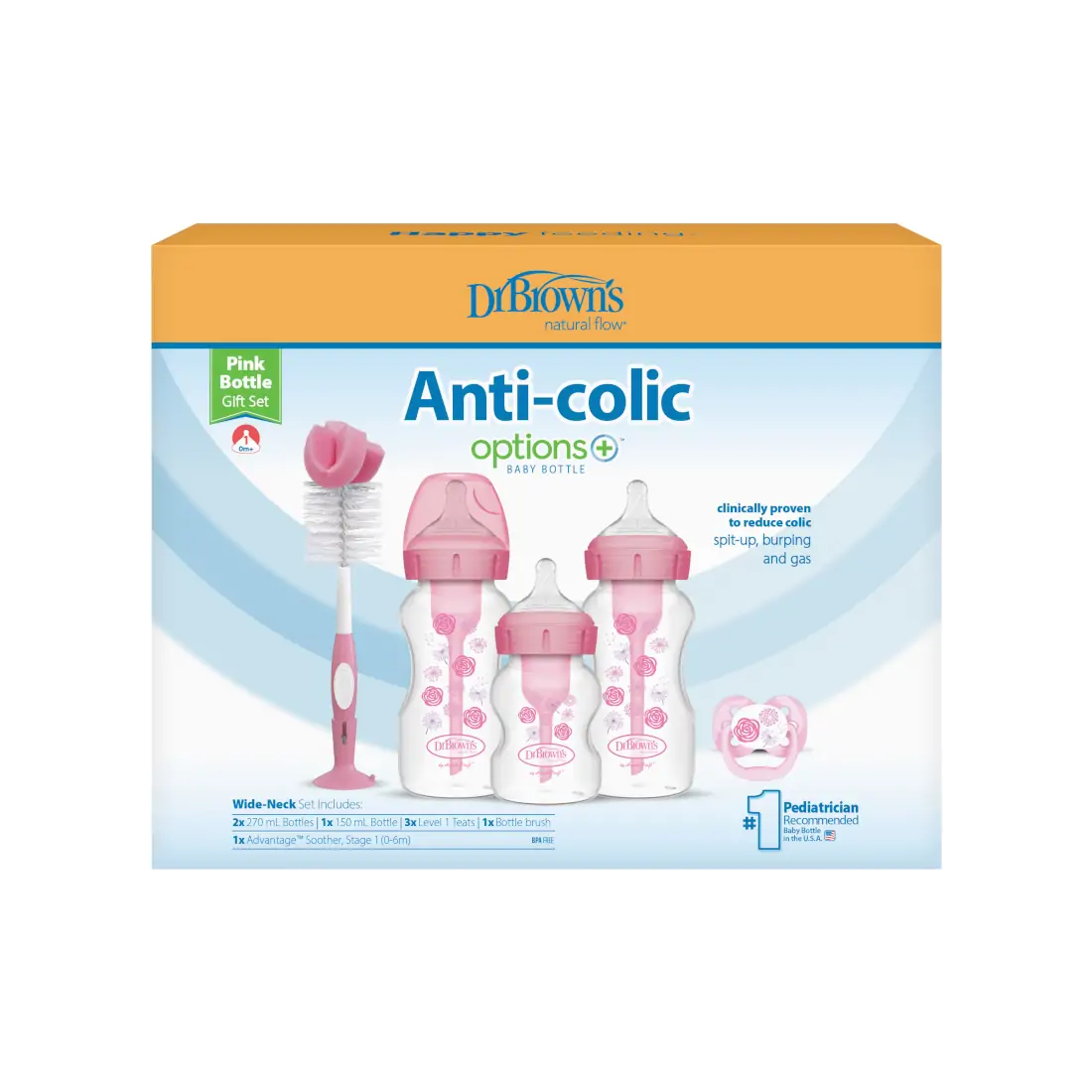 Set Promotional Biberoane din plastic, Anti-Colici cu Gat Larg "Options +", Roz