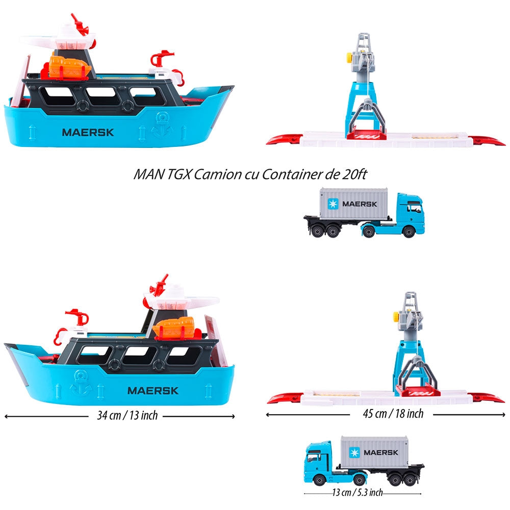 Set Majorette Creatix Logistic Freight Ship cu nava, camion si macara