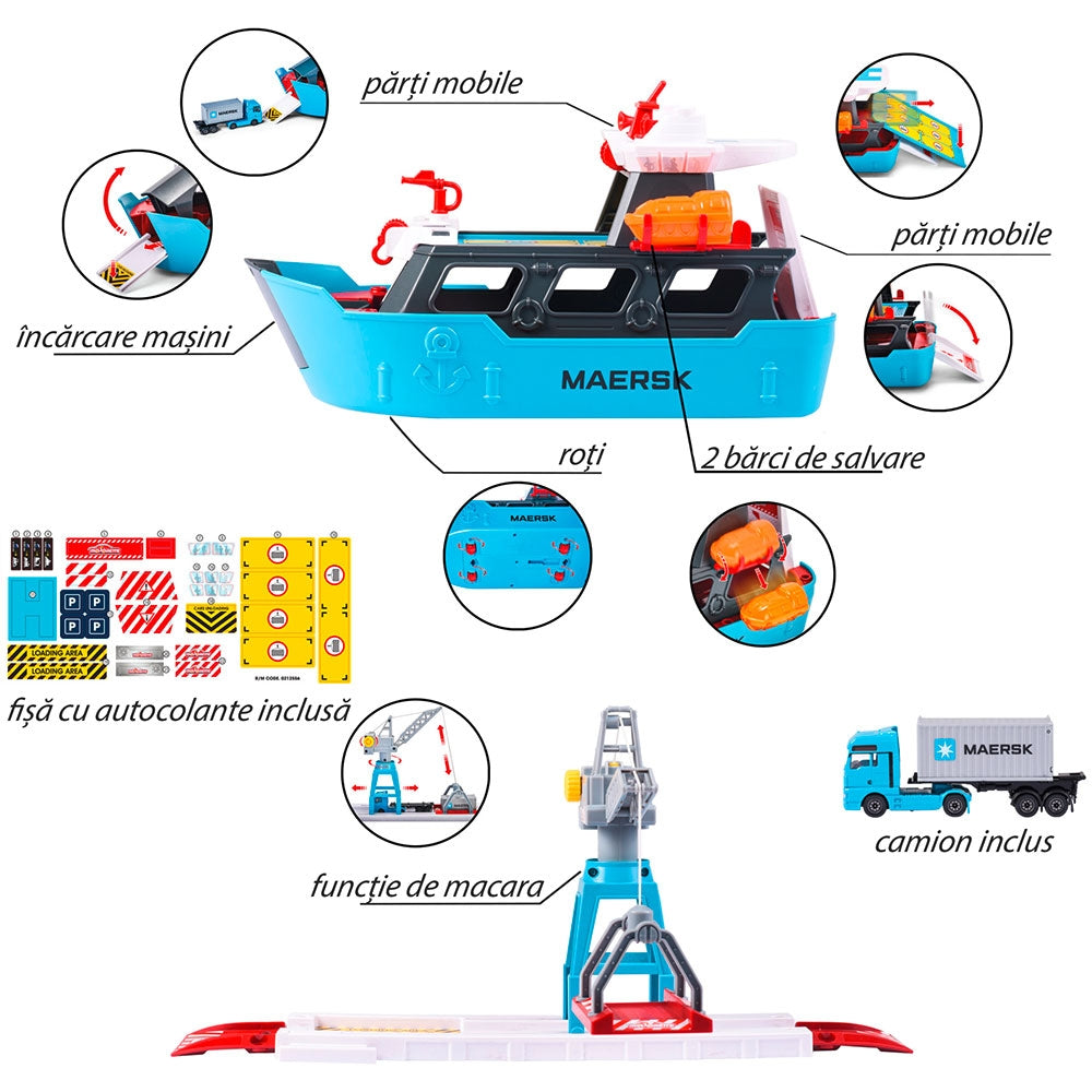 Set Majorette Creatix Logistic Freight Ship cu nava, camion si macara