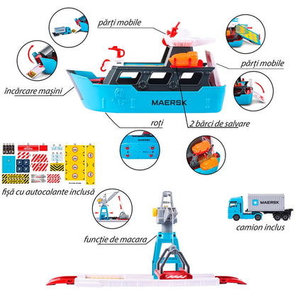 Set Majorette Creatix Logistic Freight Ship cu nava, camion si macara