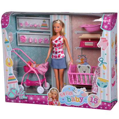 Set Simba Steffi Love New Born Baby Set papusa 29 cm, 1 bebelus si accesorii