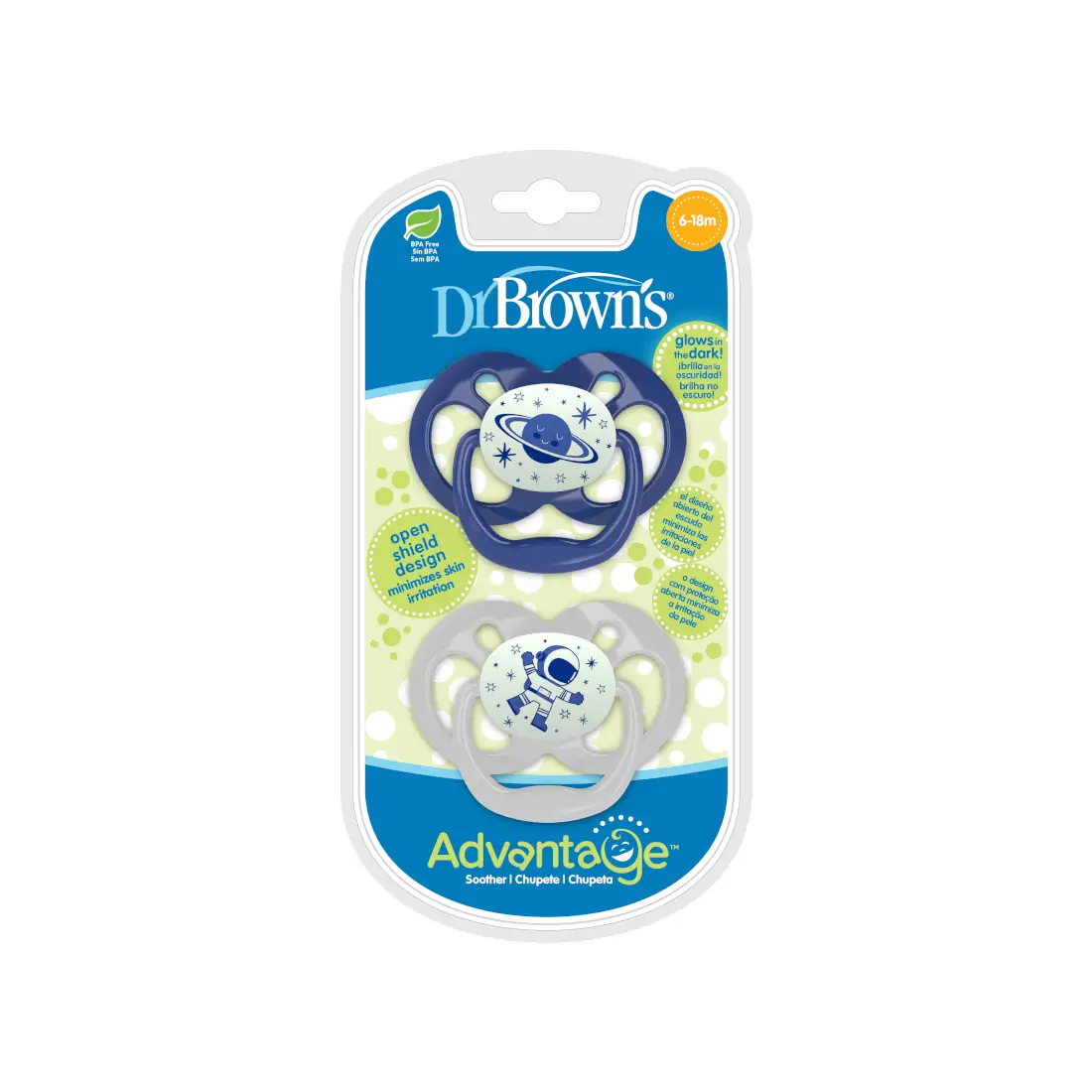 Suzeta silicon "Advantage" cu capac, nivel 2 (6-18 luni), culori fosforescente ptr. baieti (2 pack)