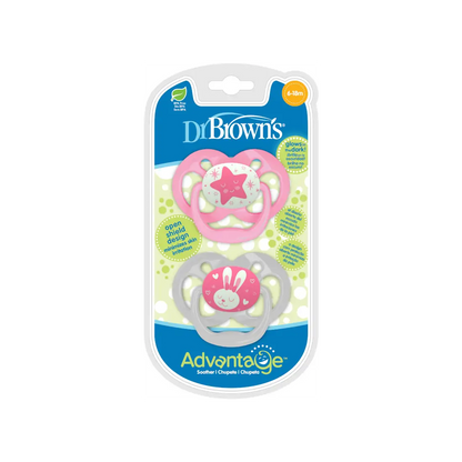 Suzeta silicon "Advantage" cu capac, nivel 2 (6-18 luni), culori fosforescente ptr. fetite (2 pack)