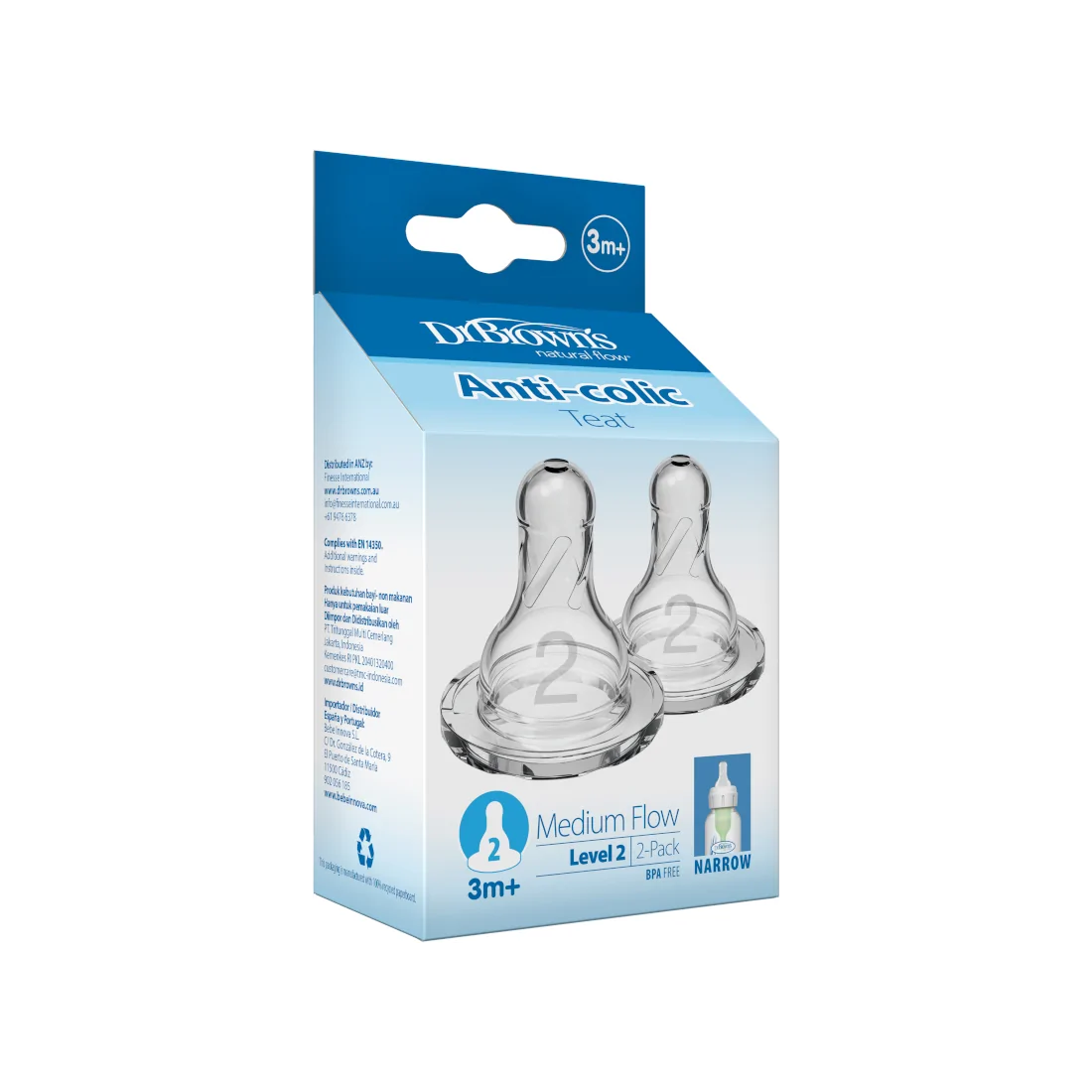 Tetine din silicon pentru biberoane cu gat ingust nivel 2 (3-6 luni) (2 pack)