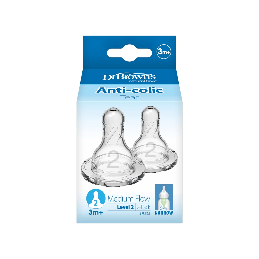 Tetine din silicon pentru biberoane cu gat ingust nivel 2 (3-6 luni) (2 pack)